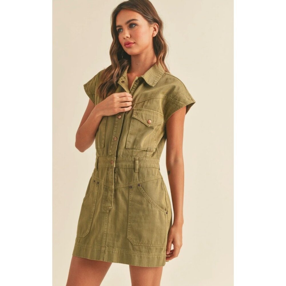 Miou Muse Womens Olive Green Denim Romper S Utility Style Casual Chic Cowgirl